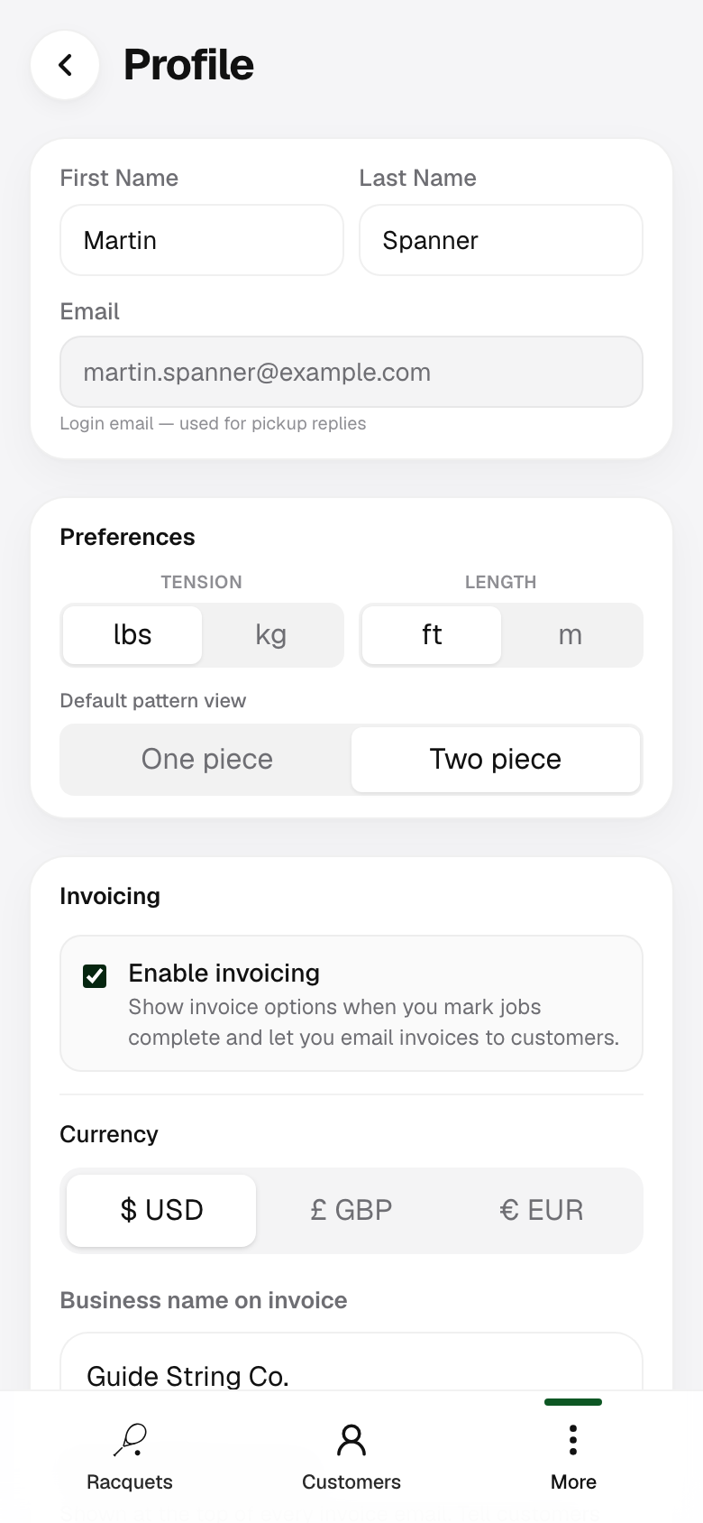 Profile with Enable invoicing checked.
