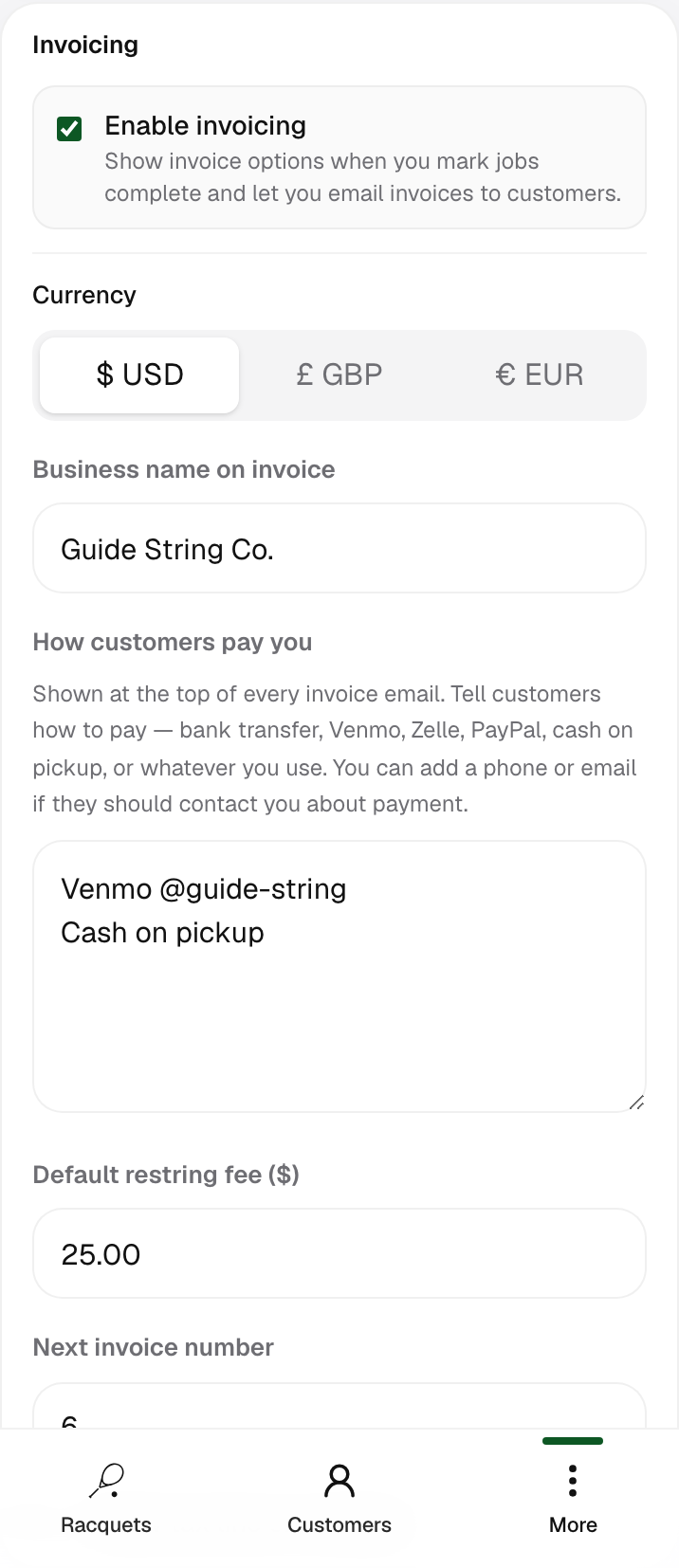 Invoicing shop settings on profile.