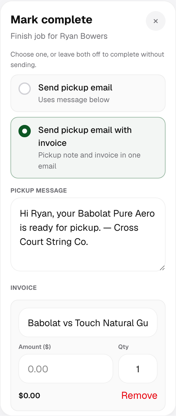 Invoice line items on the mark complete sheet.