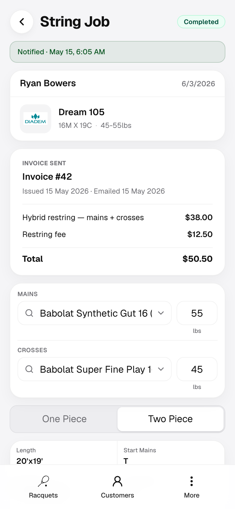 Completed job showing Invoice sent summary.
