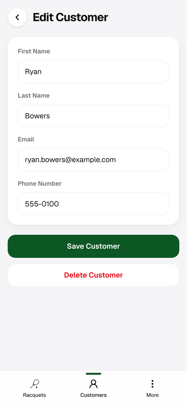 Customer edit screen with email field filled in.