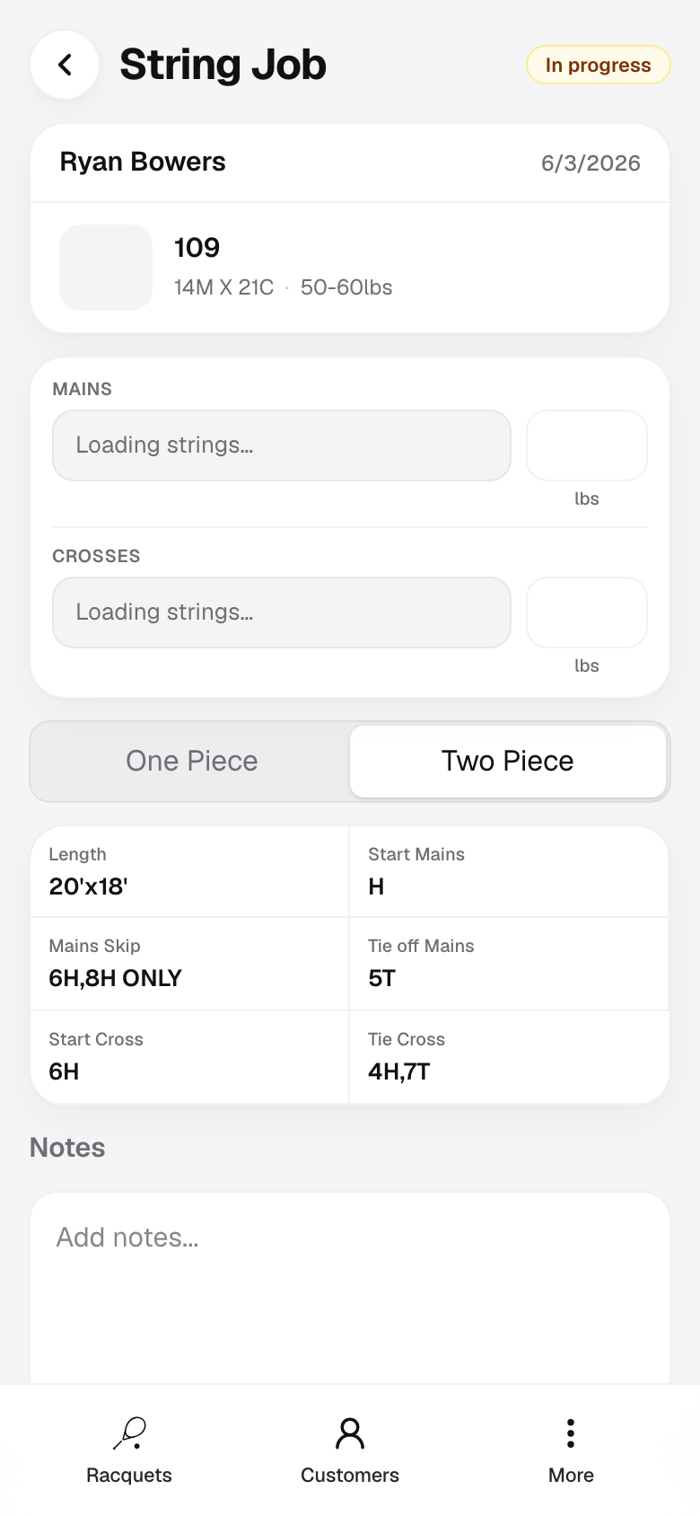 String job page showing in-progress status and Mark complete button.