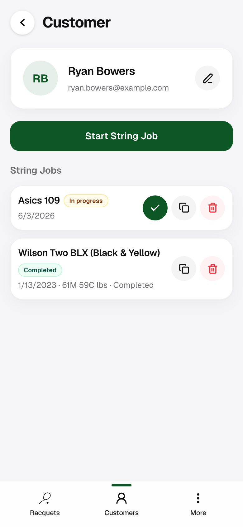 Customer page listing jobs with mark complete action on an active job.