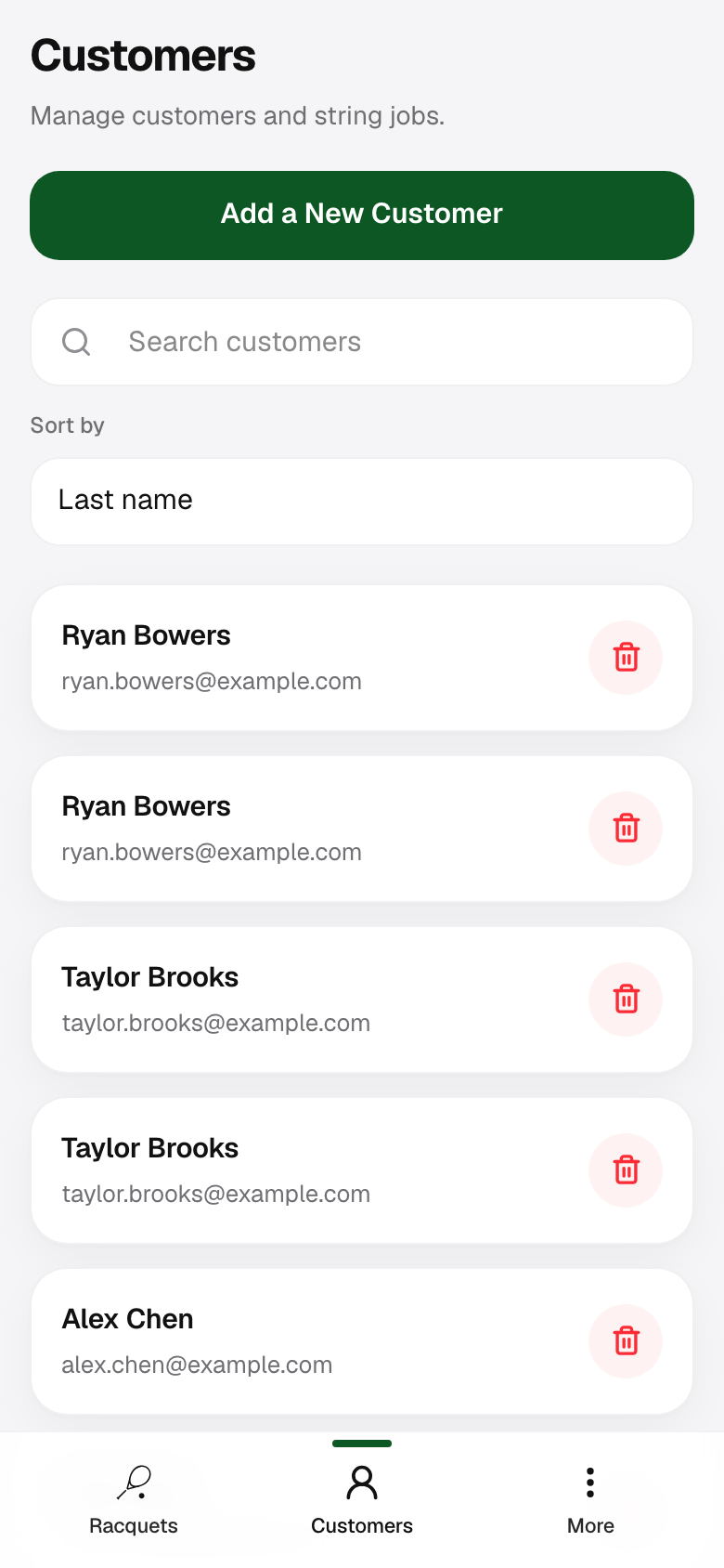 Customers list in the app.