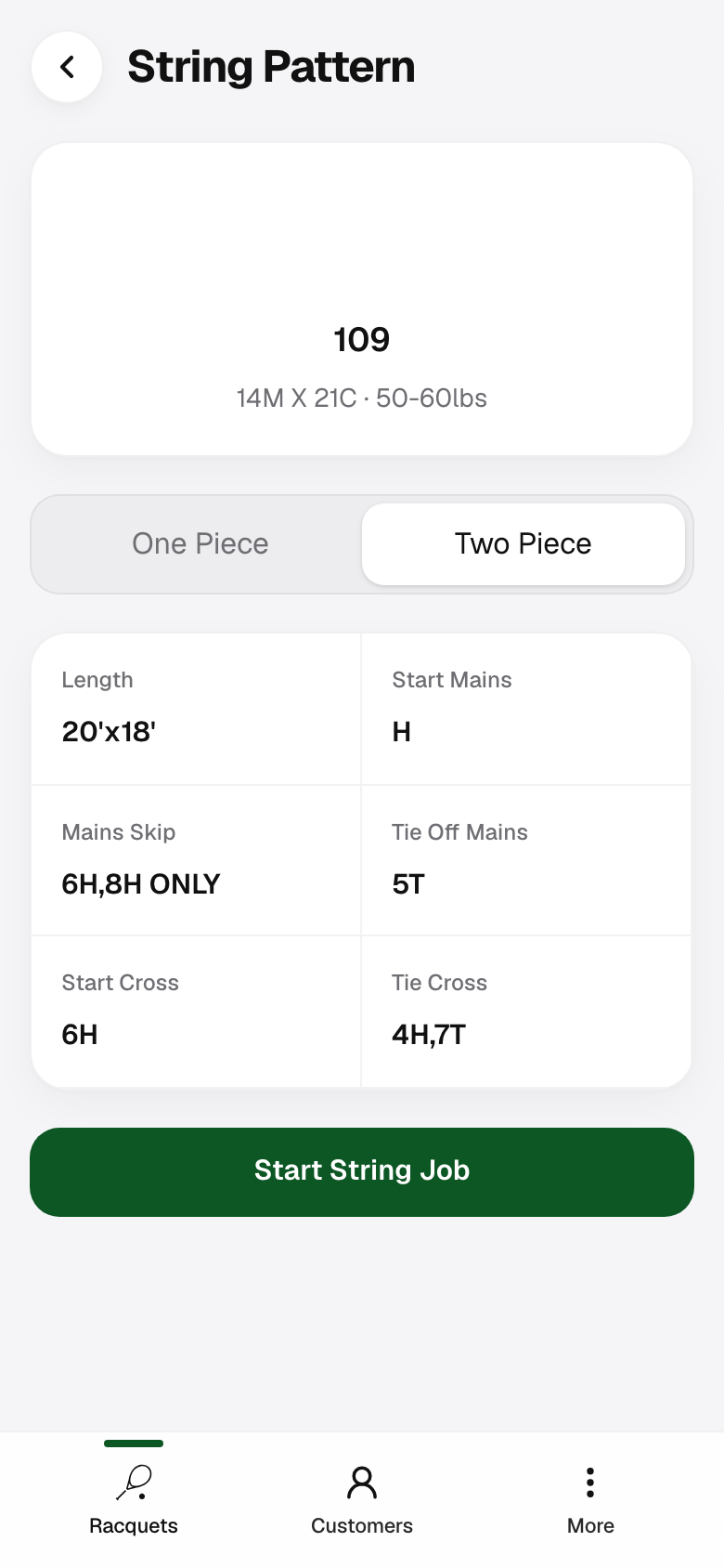Model specs page with Start String Job button.