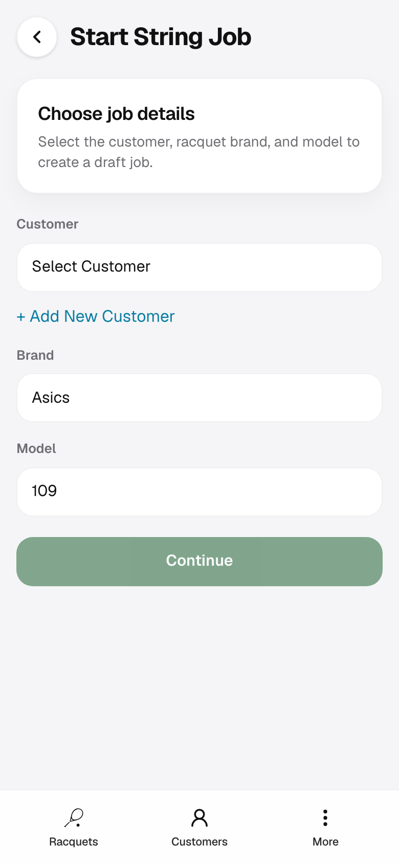 Start String Job form with customer, brand, and model.